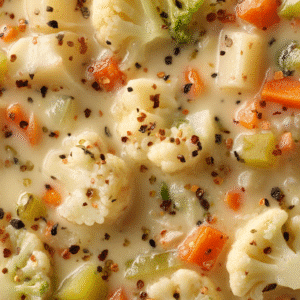 Image is a digital advertisement featuring a creamy soup with visible chunks of cauliflower, carrots, and other vegetables, presented in a close-up view. The soup has a rich, creamy texture with a light yellow hue, speckled with small black pepper flakes.